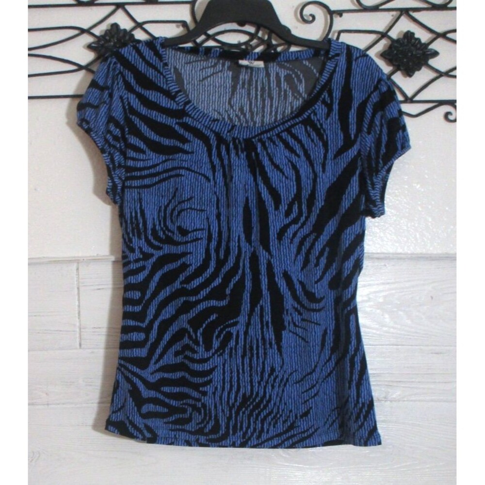 Worthington Women's Knit Top Size PL Short Sleeve Blue Geometric Round Neck
